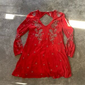 Free People Floral Red Gauze Balloon Sleeve Dress Embroidered Medium
